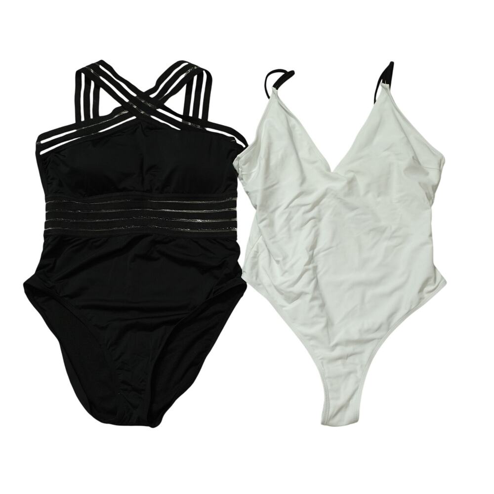 Lot of 2 Womens One Piece Swimsuit Ruched Side Strappy Beach Black White Size L